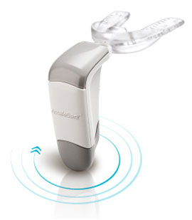 Wireless Bluetooth orthodontic device with clear aligners and connectivity indicator rings shown against white background.