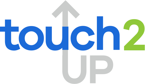 Touch2UP logo featuring blue text with gray arrow and "UP" text below.